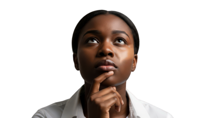 Pensive black woman in a white shirt looking upwards with her finger on her chin, isolated on transparent background facial expressions, human feelings