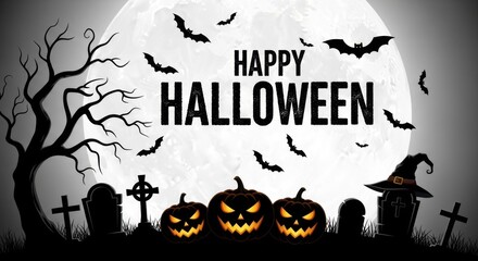 Happy halloween with scary pumpkins, bats, and a spooky graveyard under a full moon