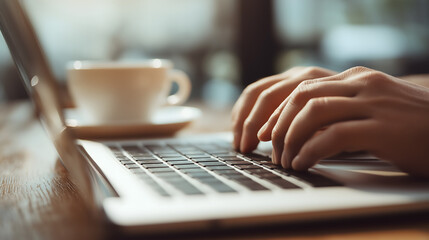 hands typing on laptop, a cozy workspace with cup of coffee