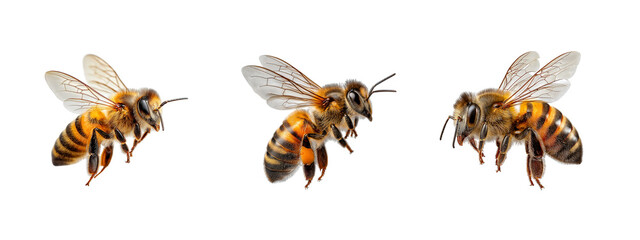 Honey bees flying in different positions isolated on white background - Concept of isolated symbol of nature  