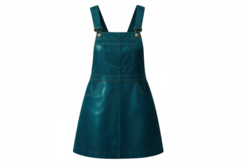 Studio shot of a teal pinafore dress with golden buttons, isolated on a transparent background