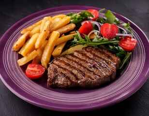 gourmet plate of grilled steak french fries and a mixed greens salad with cherry tomatoes and red onion appetizing presentation on a purple plate