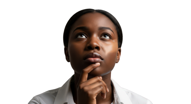 Pensive black woman in a white shirt looking upwards with her finger on her chin, isolated on transparent background facial expressions, human feelings