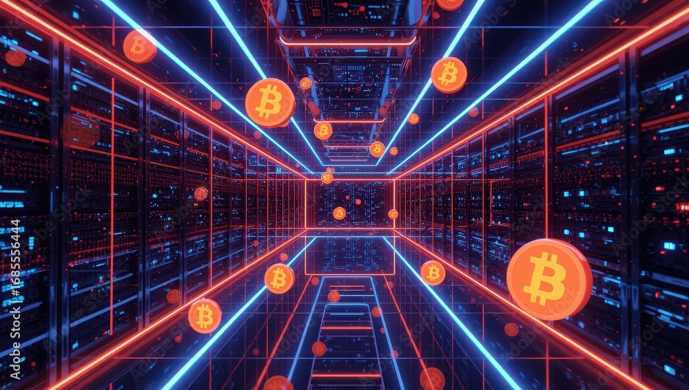 Poster futuristic server room tunnel with floating bitcoin symbols and neon lights, representing the digita