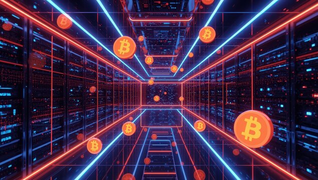 Futuristic server room tunnel with floating bitcoin symbols and neon lights, representing the digital currency and blockchain technology in a cyber space