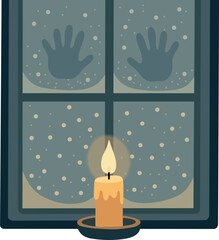 Flat vector illustration of a glowing candle on a snowy window sill with handprints on frosted glass, symbolizing warmth, hope, and coziness in cold winter nights.