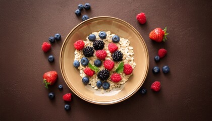 circular plate topped with a mix of fresh berries and oatmeal seen from above on a textured brown surface