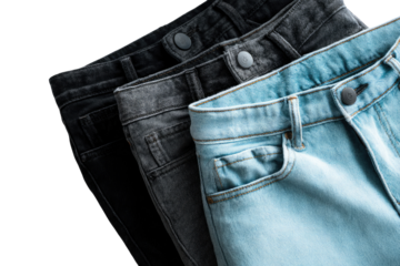 Three pairs of stacked jeans, various shades of denim