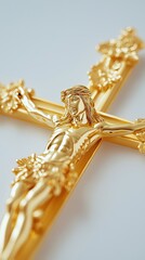 Golden Crucifix Futuristic Symbol - Close-Up of Golden Crucifix with Intricate Details on a Light Background A surreal modern city skyline with glowing religious symbolism, dramatic architecture, spir