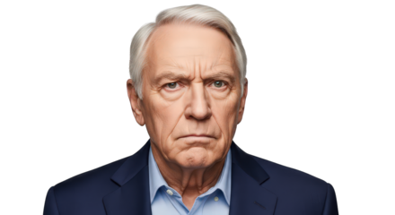 Elderly man with gray hair and suit looking sternly, isolated on transparent background facial expressions, human feelings