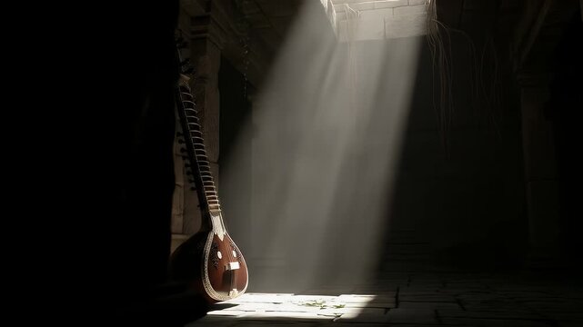 A cinematic shot of a beautiful Sitar leaning against an ancient, moss-covered stone wall in a dark, mysterious temple chamber, dramatically illuminated by a powerful, ethereal sunbeam.