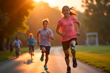 Kids Running on Path at Sunset