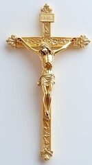 Modern Religious Monument - Elegant Gold Crucifix with Intricate Details A surreal modern city skyline with glowing religious symbolism, dramatic architecture, spirituality, hope, faith and futuristic