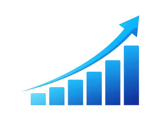 Blue bar graph with upward trending arrow showing positive growth isolated on transparent background