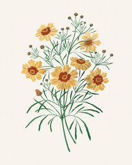 Botanical flower illustration. Watercolor artwork on a soft textured beige paper background.