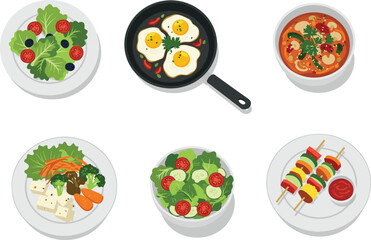 Healthy food vector illustration with fresh salad, fried eggs, vegetable soup, tofu with vegetables, cucumber salad, grilled vegetable skewers, plate and bowl meals