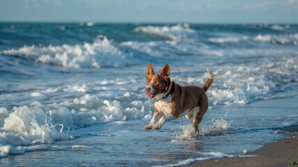 Dog races alongside crashing surf