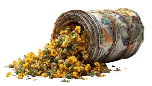 Rolled-up money spilling dried flowers