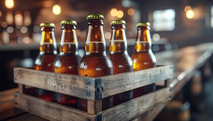 Five Amber Beer Bottles in a Wooden Crate on a Bar Counter.