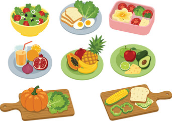 Healthy food vector illustration with fruits, vegetables, salad, bread, cheese, eggs, juice, avocado, pineapple, papaya, pumpkin, corn, bento box meal
