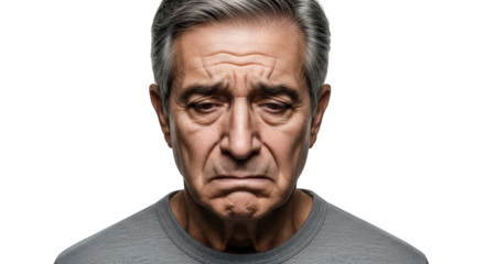 Closeup portrait of a sad elderly man with gray hair looking down, isolated on transparent background facial expressions, human feelings