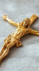 Modern Religious Monument - Elegant Gold Crucifix on Marble Surface A surreal modern city skyline with glowing religious symbolism, dramatic architecture, spirituality, hope, faith and futuristic atmo
