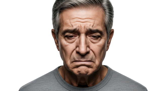 Closeup portrait of a sad elderly man with gray hair looking down, isolated on transparent background facial expressions, human feelings