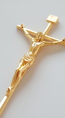 Golden Crucifix Futuristic Symbol - Close-Up of a Golden Crucifix on Neutral Background A surreal modern city skyline with glowing religious symbolism, dramatic architecture, spirituality, hope, faith