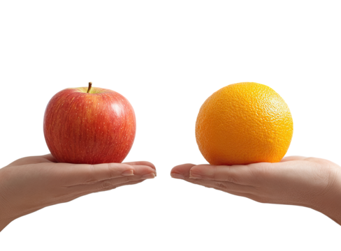 Two hands hold a red apple and an orange