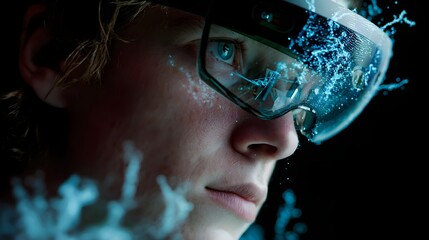 Immersive augmented reality experience, young woman using futuristic smartglasses, digital interface concept.