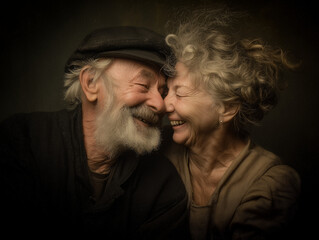 elderly couple smiling and touching foreheads in warm intimate moment