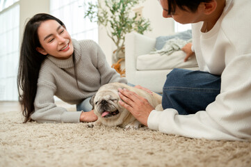 Couple Enjoys Playful Moments With Their Pug in a Cozy Living Room Setting During the Afternoon