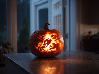 carved dragon pumpkin glowing in dim room with evening light through windows