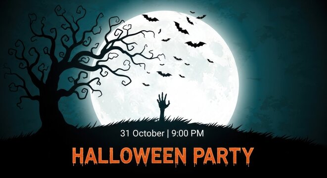 Spooky halloween party invitation with a zombie hand rising from the ground under a full moon