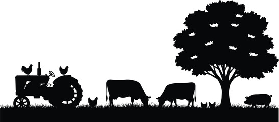 Vector illustration of farm scene with tractor, cows, chickens, pig, and tree, rural agriculture landscape, countryside livestock silhouette design for farming concept