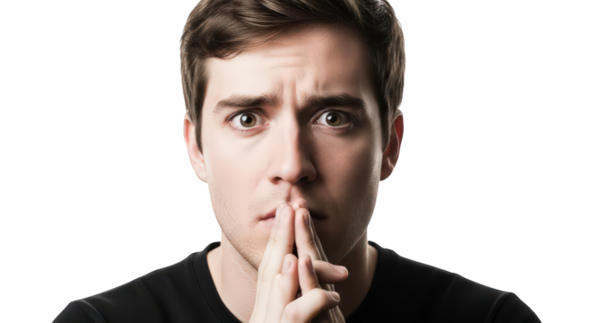 Man with hands clasped in front of mouth, looking concerned, isolated on transparent background facial expressions, human feelings