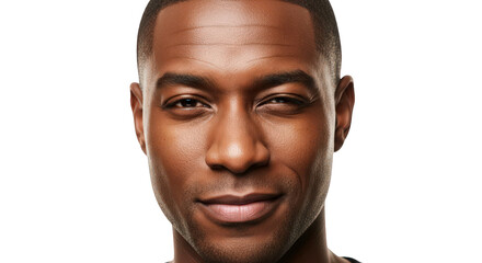 Fototapeta premium Closeup portrait of a handsome black man with a slight smile, isolated on transparent background facial expressions, human feelings