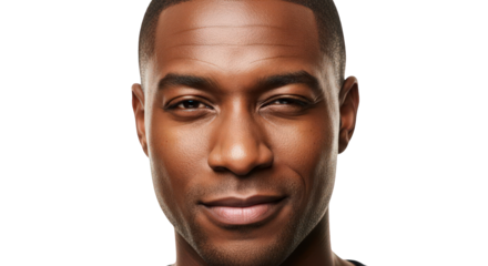 Closeup portrait of a handsome black man with a slight smile, isolated on transparent background facial expressions, human feelings