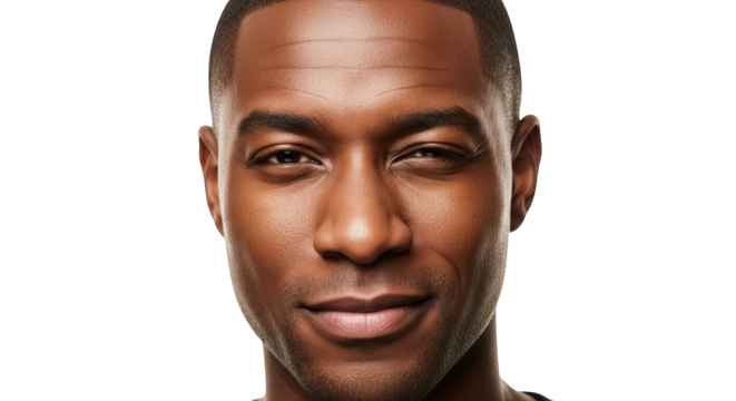 Closeup portrait of a handsome black man with a slight smile, isolated on transparent background facial expressions, human feelings