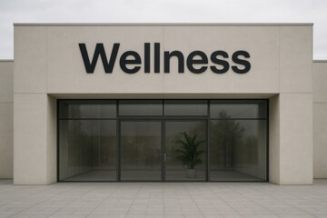 Minimalist wellness building with large black “Wellness” sign on light concrete