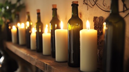 Used wine bottles turned into candle holders on shelf