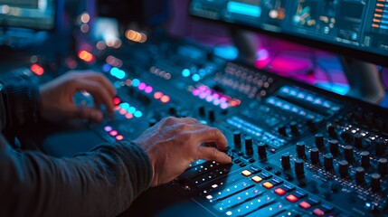 Sound engineer expertly mixing audio on complex console during live event production.