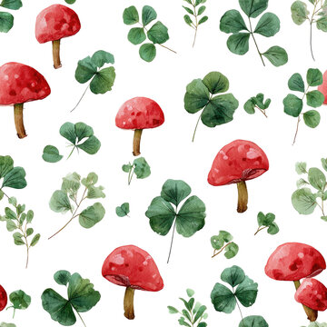A repeating pattern of red mushrooms and green clover leaves against a black background.  