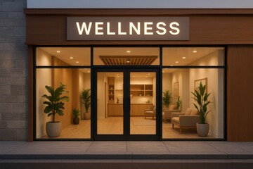 Obraz premium Modern wellness center storefront with full glass facade, bold “Wellness” sign above entrance