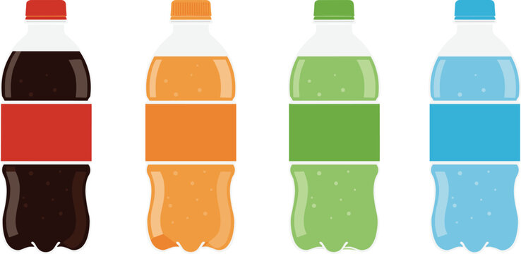 Vector illustration of colorful plastic soda bottles with red, orange, green, and blue labels, carbonated drink packaging, beverage container design, refreshment concept