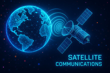 Futuristic digital satellite orbiting Earth with glowing network grid showing advanced space communication and modern global technology