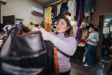 Two actors engaging with costumes and accessories, backstage in a warm-lit theatre, creating a vibrant and creative scene.