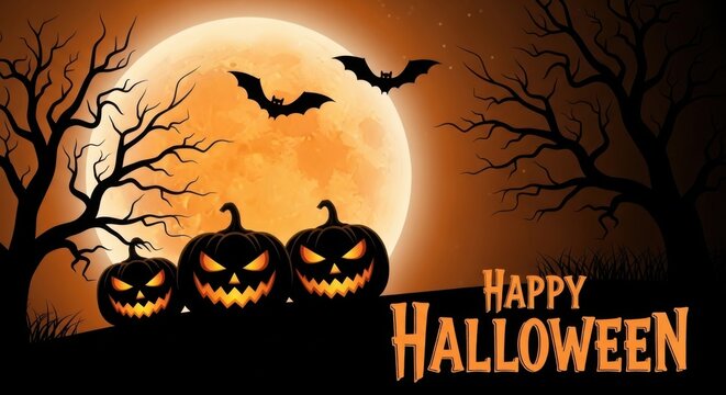 Spooky halloween night with jackolanterns, bats, and a full moon