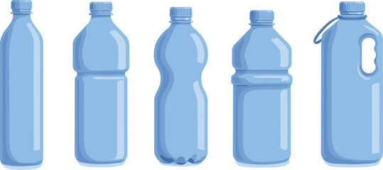 Vector illustration of various plastic water bottles, different shapes and sizes, blue beverage containers, drinking bottle icons for packaging, hydration, recycling design