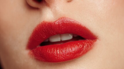 Fototapeta premium Close-Up Portrait of Woman with Red Lipstick Biting Lower Lip, Showcasing Beauty and Makeup Expression